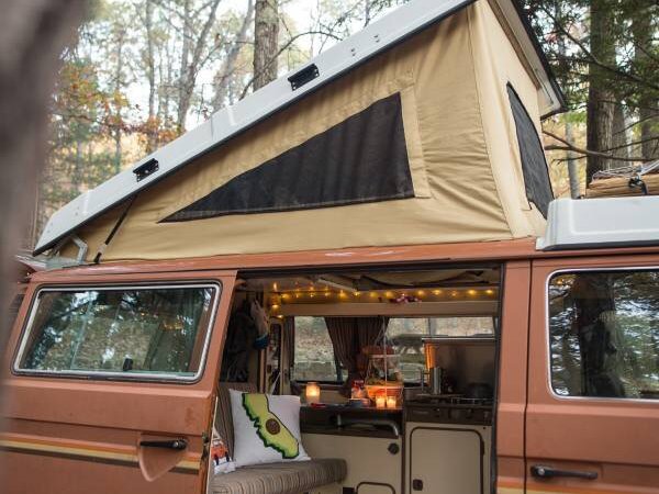 Cozy van interior with fairy lights